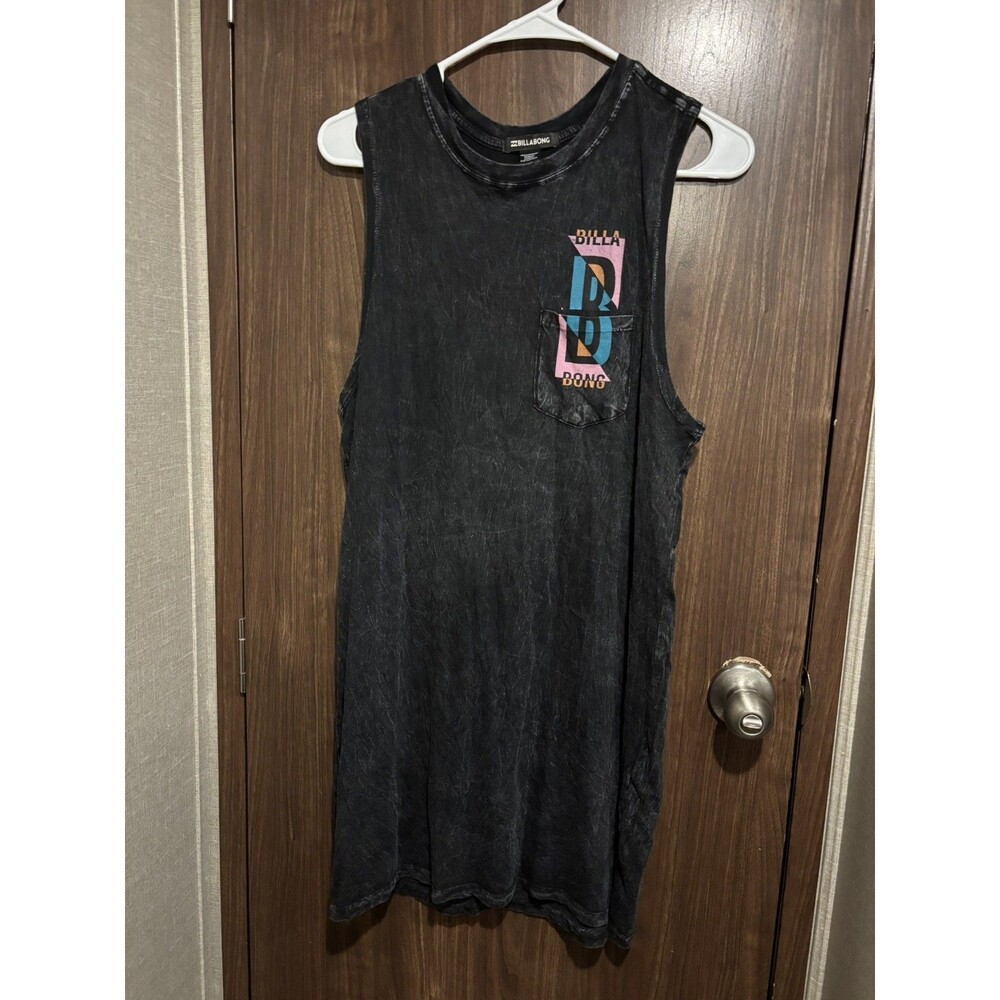 Billabong 1973 Women’s Acid Wash Tank Top Sleeveless Mini Dress S Graphic Black